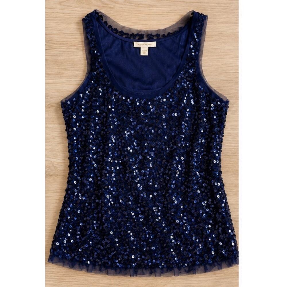 Boston Proper Navy Blue Sequin Top XS Party Going Out Date Night LuxuryTank
